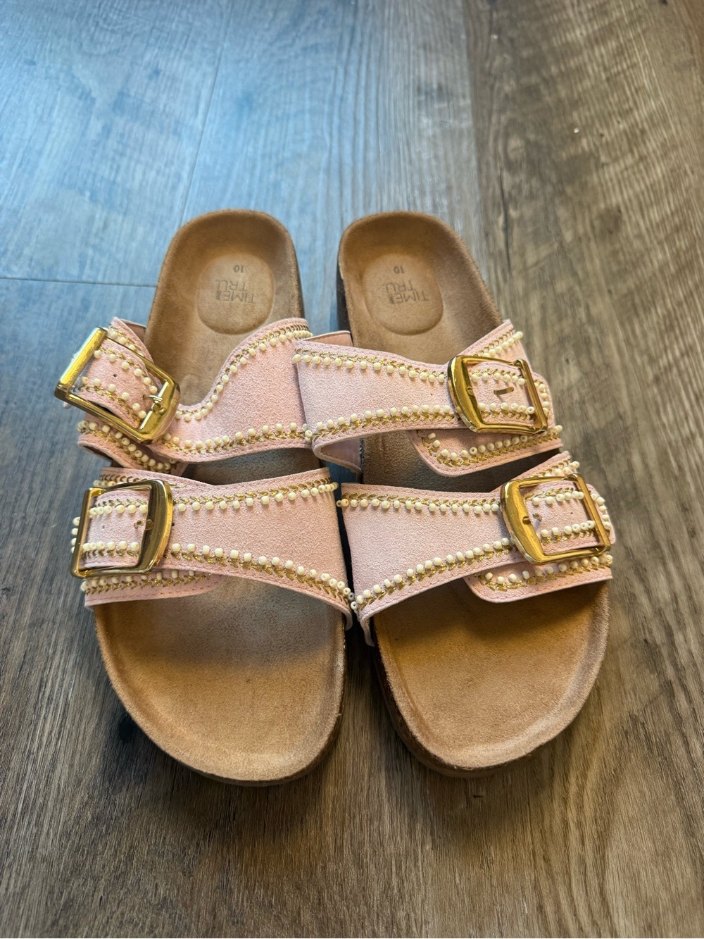Time and Tru Pink Embellished Double Buckle Cork Slide Sandals Size 10 - Picture 2 of 5